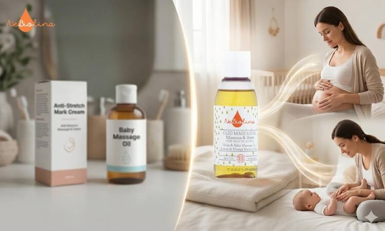 Dầu massage Nebiolina - Giải pháp 2 trong 1 cho làn da của mẹ và bé