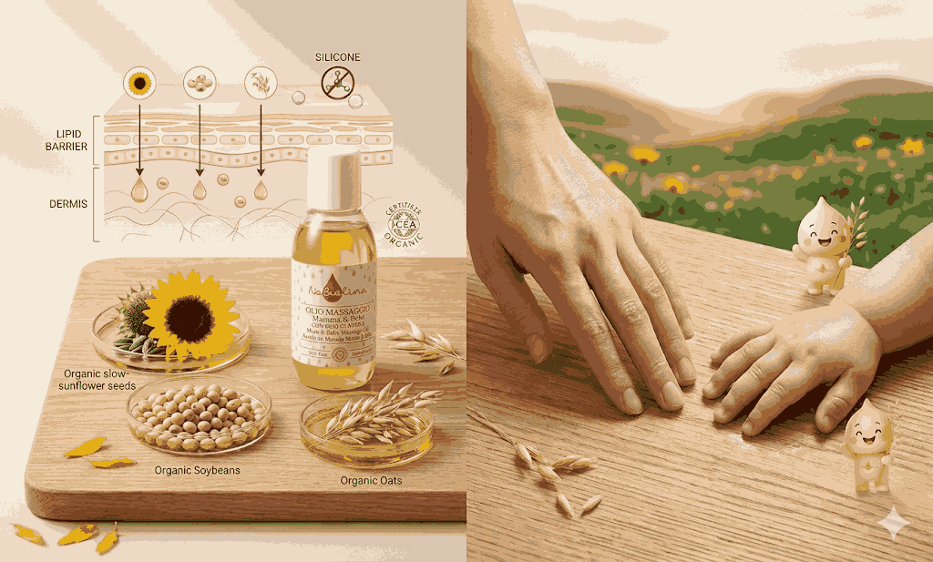 Dầu massage NeBiolina chứa dầu yến mạch, dầu hướng dương và dầu đậu nành hữu cơ