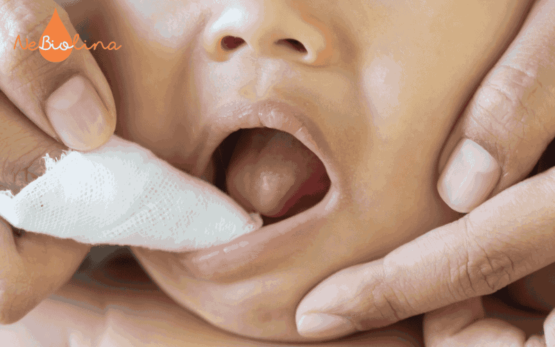 Lau nướu bằng gạc sạch sau bú cho trẻ