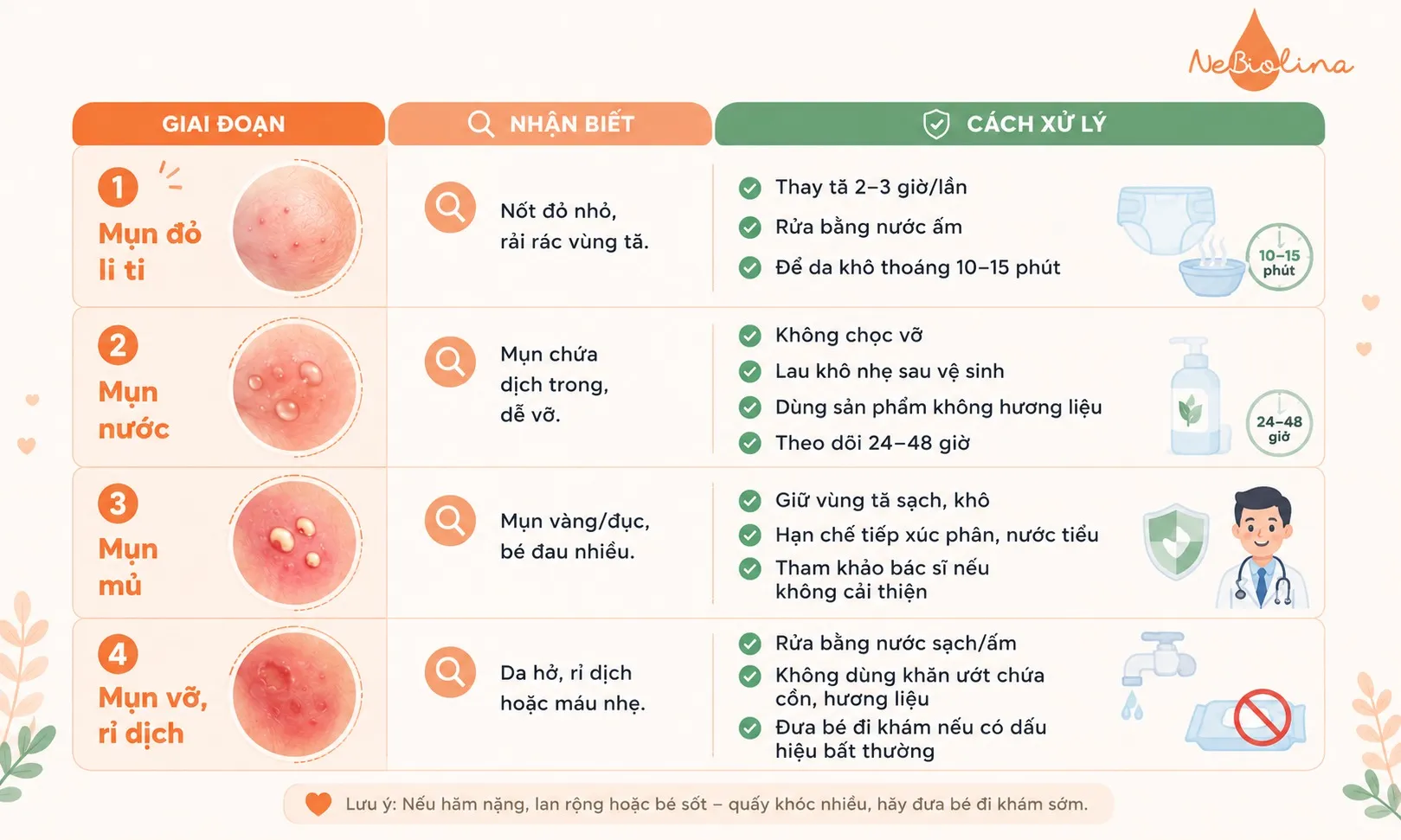 Mỗi giai đoạn khi bé bị hăm tã nổi mụn có đặc điểm và mức độ viêm khác nhau, đòi hỏi cách chăm sóc phù hợp