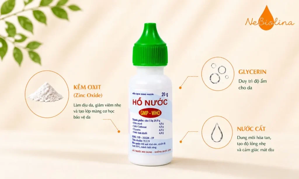 Thành phần chính của hồ nước là kẽm oxit, glycerin, nước cất.