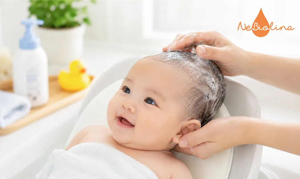 Gội đầu nhẹ nhàng là bước giải quyết cứt trâu da đầu trẻ.