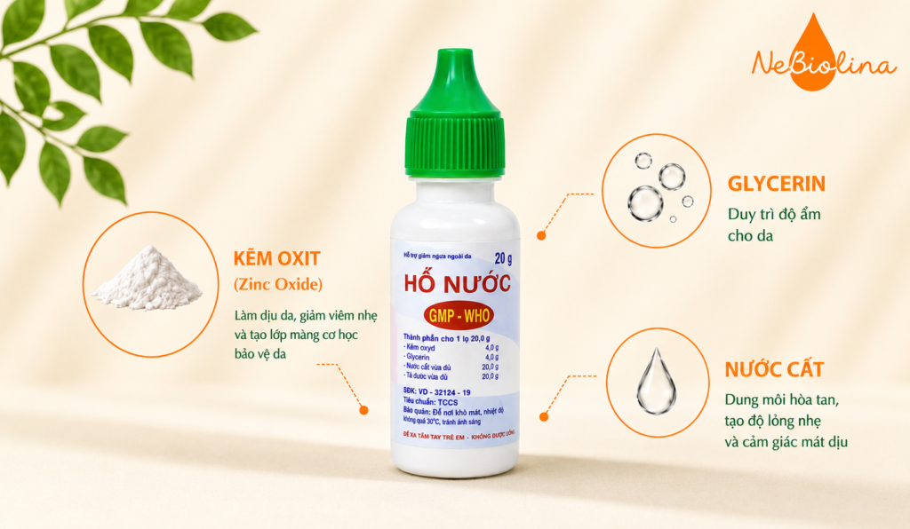 Thành phần chính của hồ nước là kẽm oxit, glycerin, nước cất.