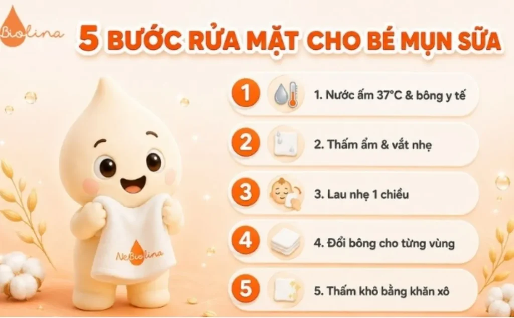 5 bước rửa mặt cho bé bị mụn sữa