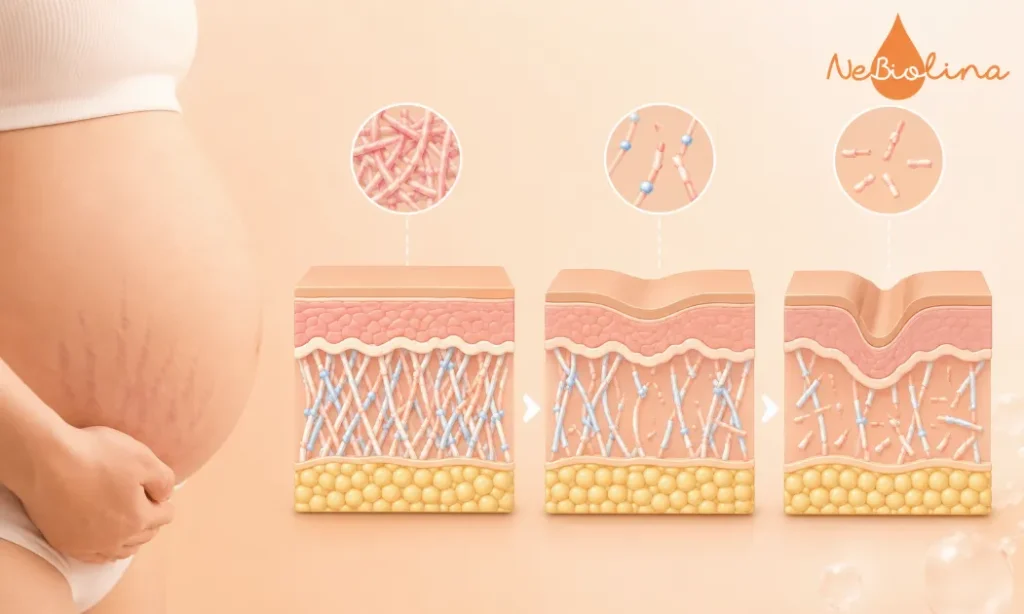 Vùng da bị rạn có sự thay đổi trong mạng lưới sợi collagen và elastin của trung bì