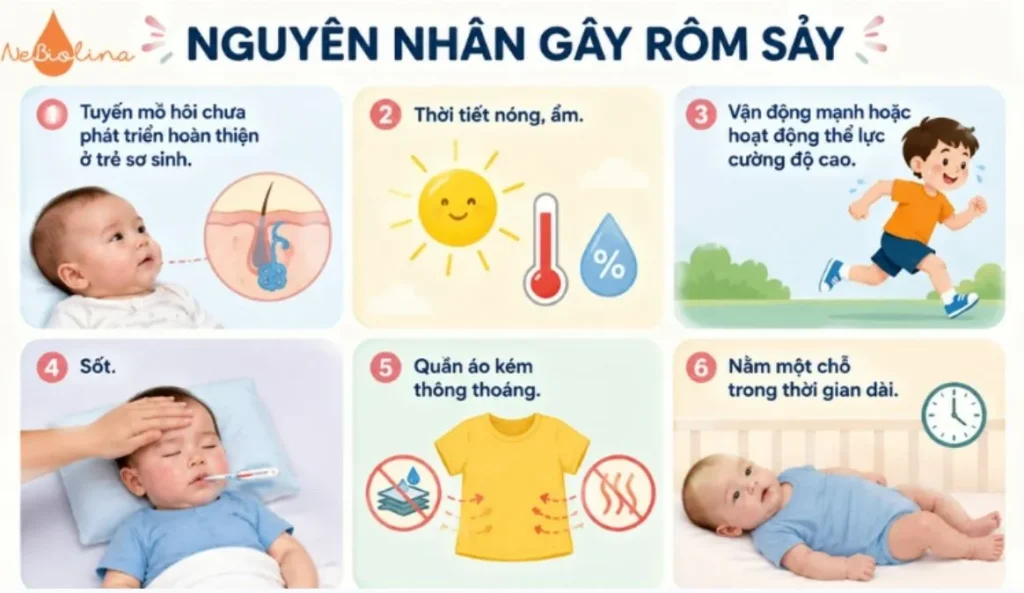 Rôm sảy có thể xảy ra do nhiều nguyên nhân khác nhau.