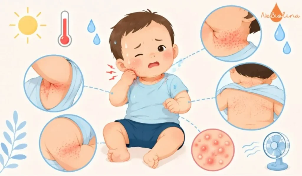 Rôm sảy đỏ khiến trẻ ngứa ngáy khó chịu.