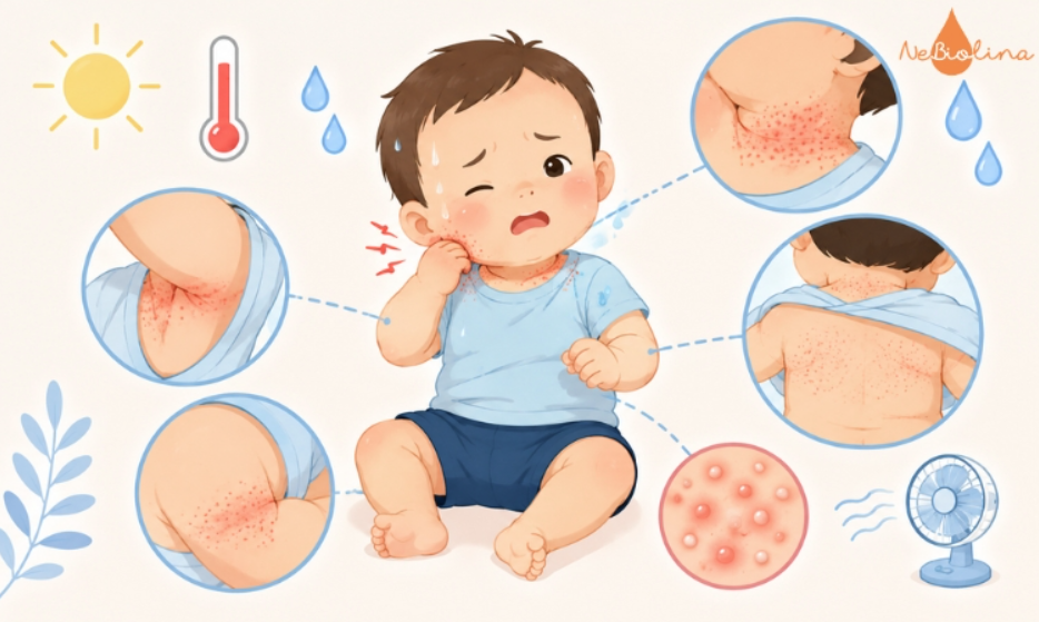 Rôm sảy đỏ khiến trẻ ngứa ngáy khó chịu.