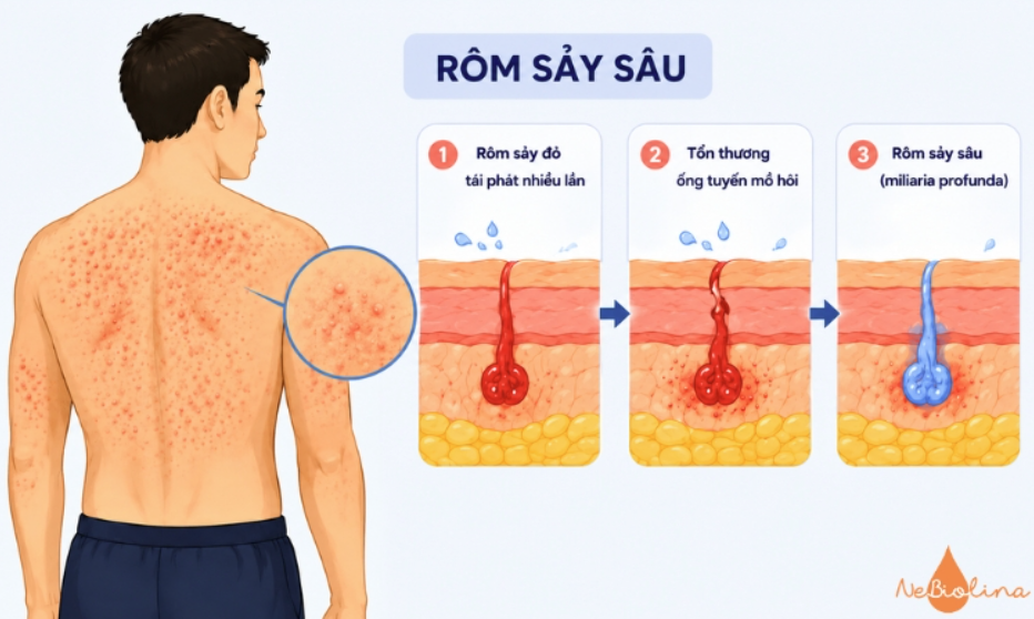 Rôm sảy sâu thường xuất hiện ở người lớn.