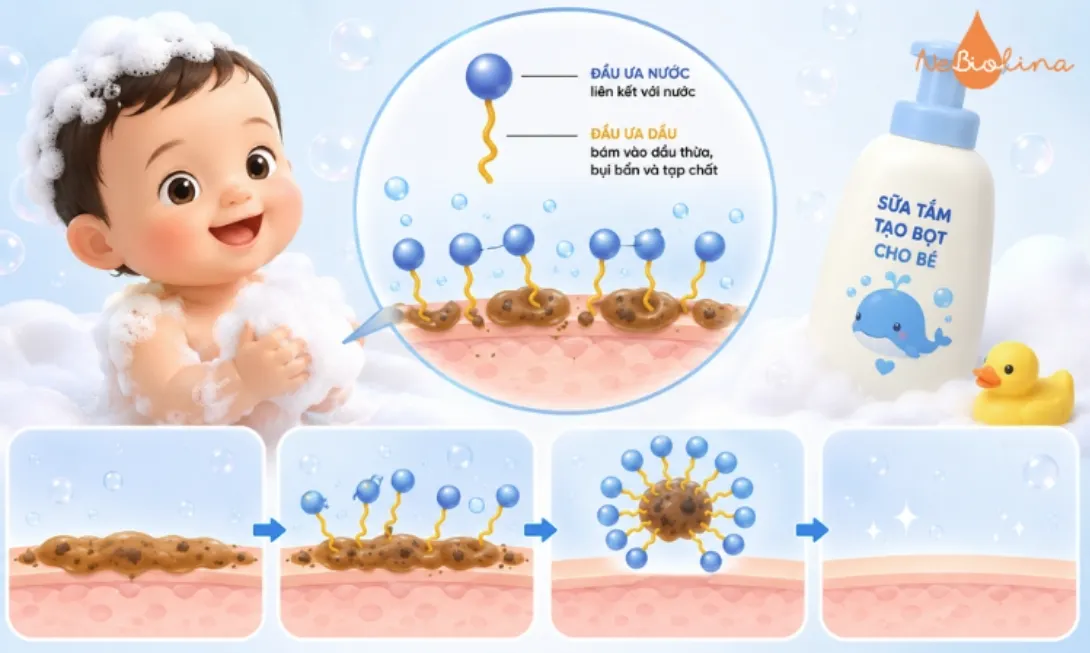 Sữa tắm tạo bọt cho bé làm sạch bằng cơ chế lưỡng cực.