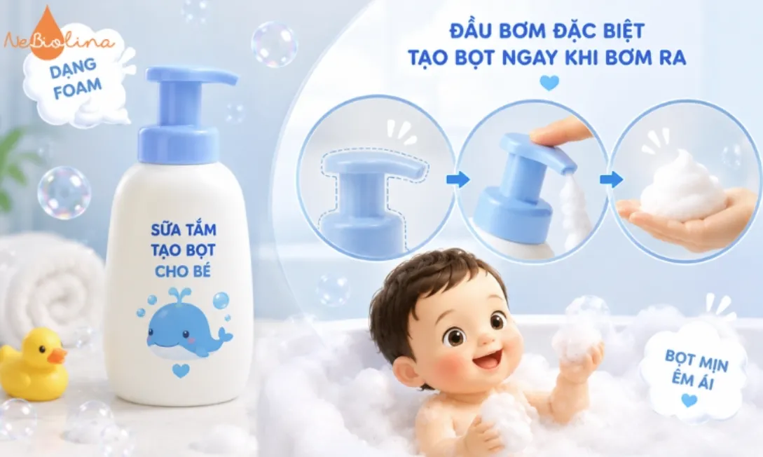 Sữa tắm dạng foam pump với thiết kế đầu bơm đặc biệt.