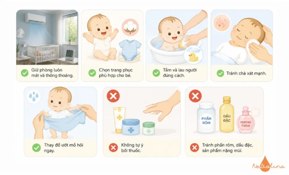Chăm sóc đúng cách để vùng da bị rôm sảy nhanh khỏi hơn.