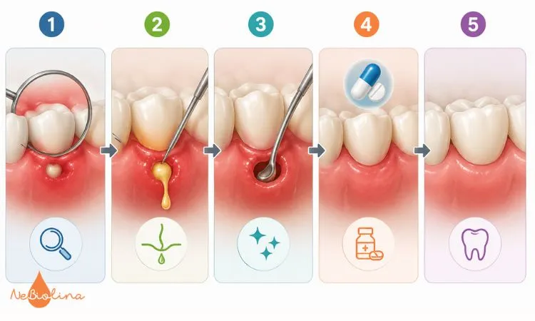 Các bước cơ bản trong quy trình dẫn lưu mủ và xử lý ổ nhiễm trùng tại cơ sở nha khoa.