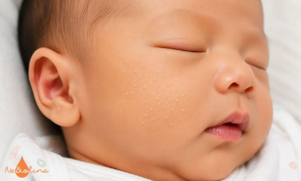 Nốt trắng li ti, da xung quanh bình thường, không sưng đỏ.