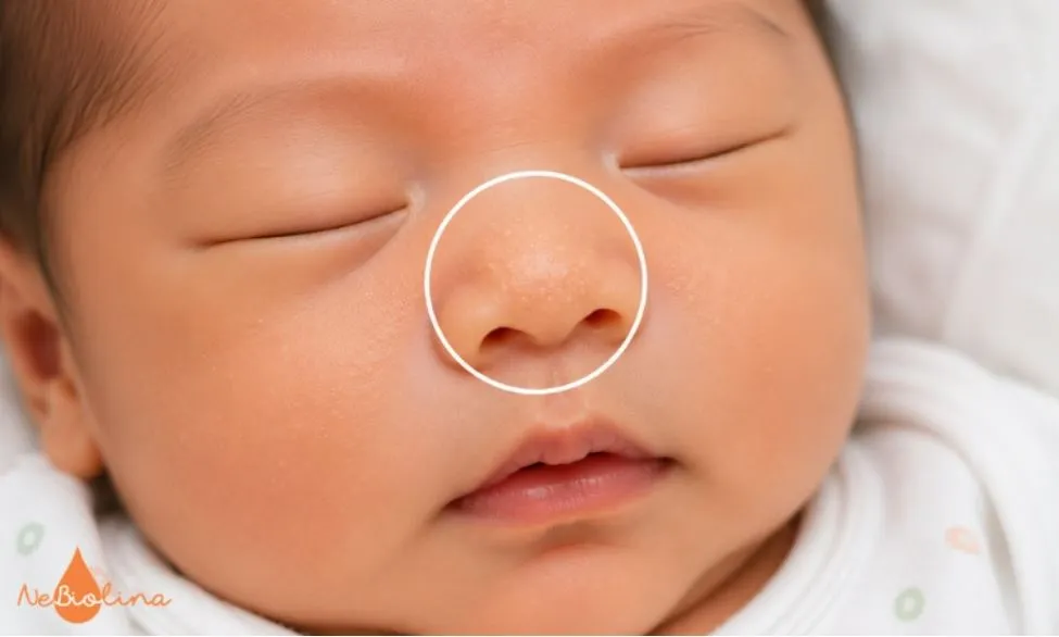 Nốt trắng li ti ở chóp mũi - điển hình của milia, không có nhân.