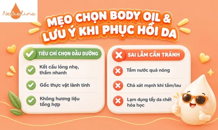 Chọn body oil đáp ứng các tiêu chí: thấm nhanh, dầu gốc thực vật và không hương liệu