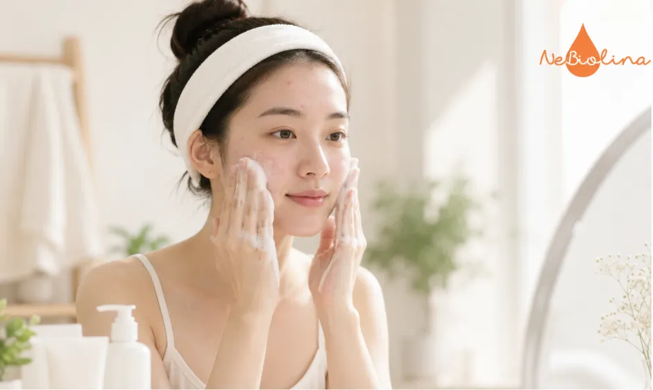 Làm sạch đúng cách giúp hạn chế kích ứng da mụn nhạy cảm.