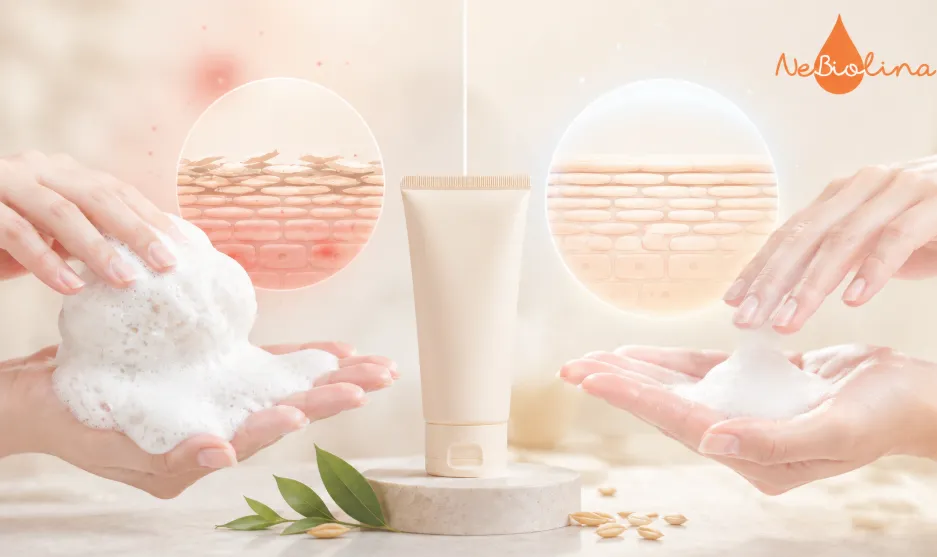 Ưu tiên sữa rửa mặt dịu nhẹ cho da mụn nhạy cảm.