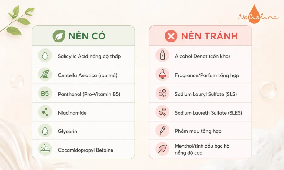 Thành phần nên có và nên tránh trong sữa rửa mặt cho da mụn nhạy cảm
