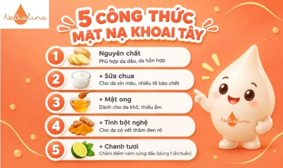 5 công thức mặt nạ khoai tây với công dụng khác nhau