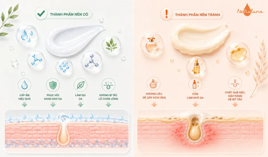 Những thành phần nên có và nên tránh trong kem dưỡng ẩm cho da mụn