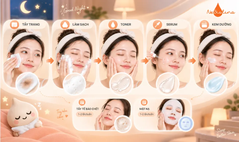 Quy trình skincare ban đêm cho da dầu mụn.