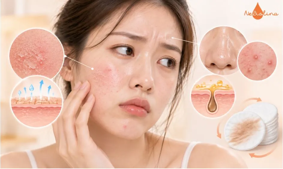 Da khô căng, kích ứng và nổi mụn có thể là dấu hiệu tẩy trang quá mức.