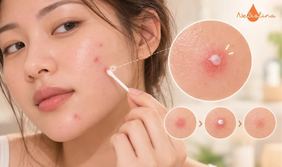 Chấm mụn đúng vị trí giúp tác động tập trung lên nốt mụn viêm.