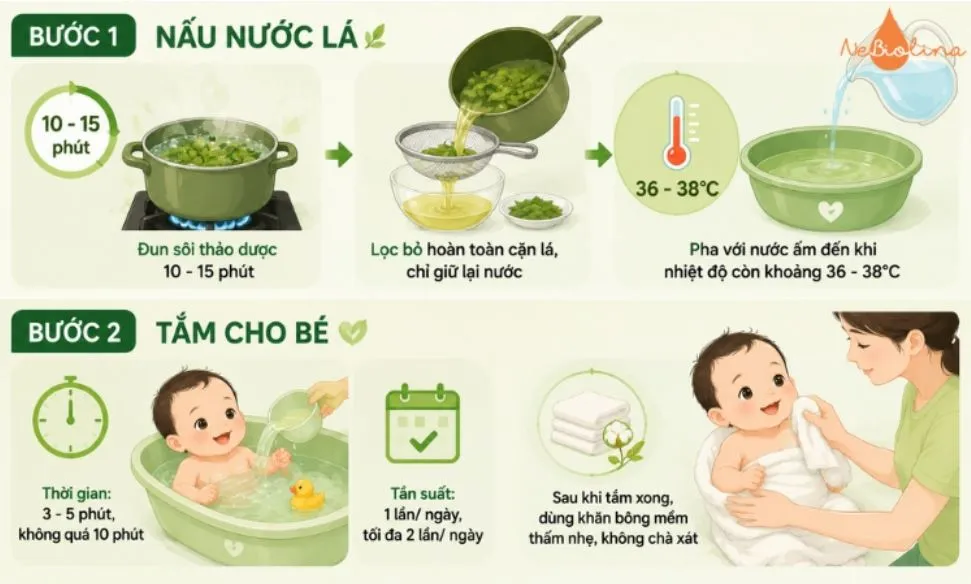 Nấu nước lá và tắm cho bé đúng cách để mụn sữa nhanh khỏi hơn.