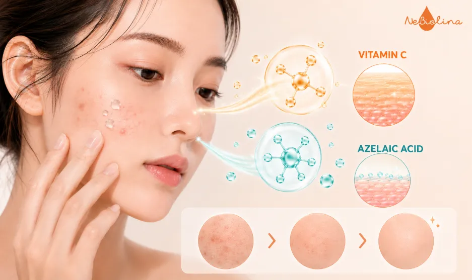 Vitamin C và Azelaic Acid hỗ trợ làm sáng, đều màu và cải thiện da sau mụn.
