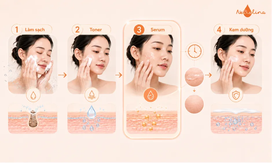 Serum nên dùng sau bước làm sạch, toner và trước kem dưỡng.