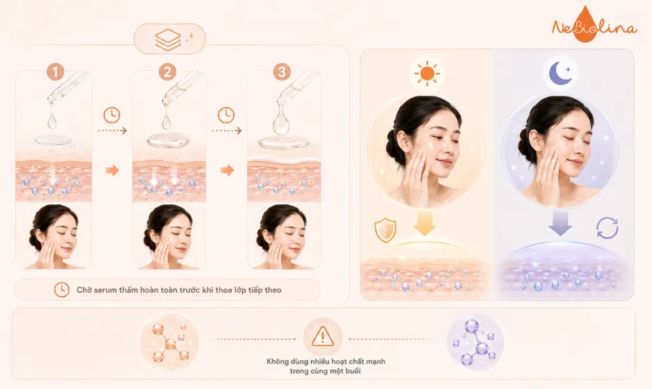 Khi dùng nhiều serum, nên thoa từ lỏng đến đặc và tránh kết hợp quá nhiều hoạt chất mạnh.