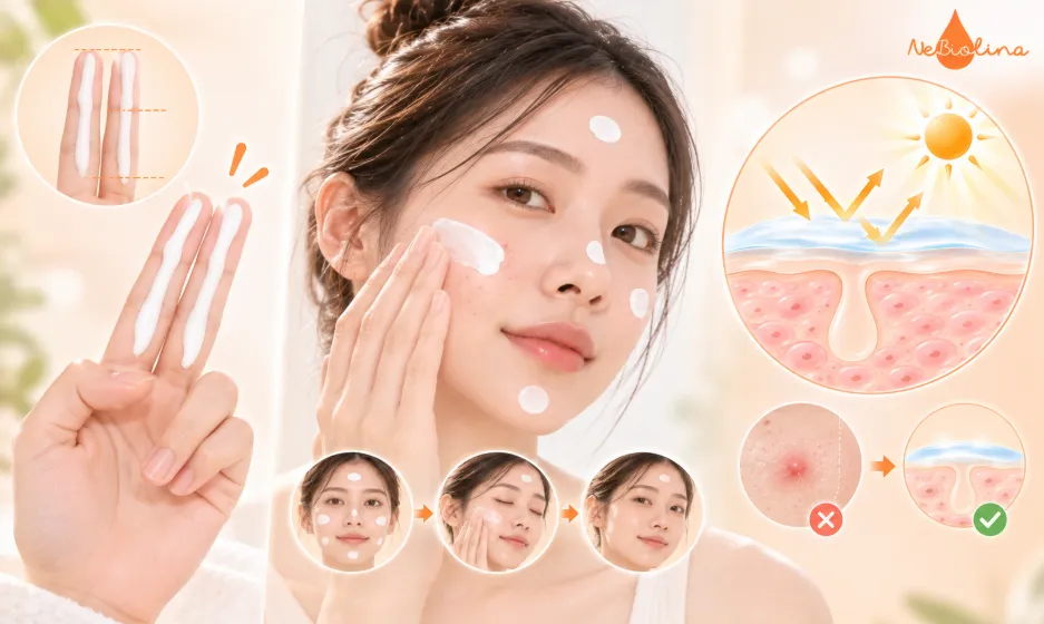 Liều lượng và cách thoa kem chống nắng cho da mụn đúng cách.