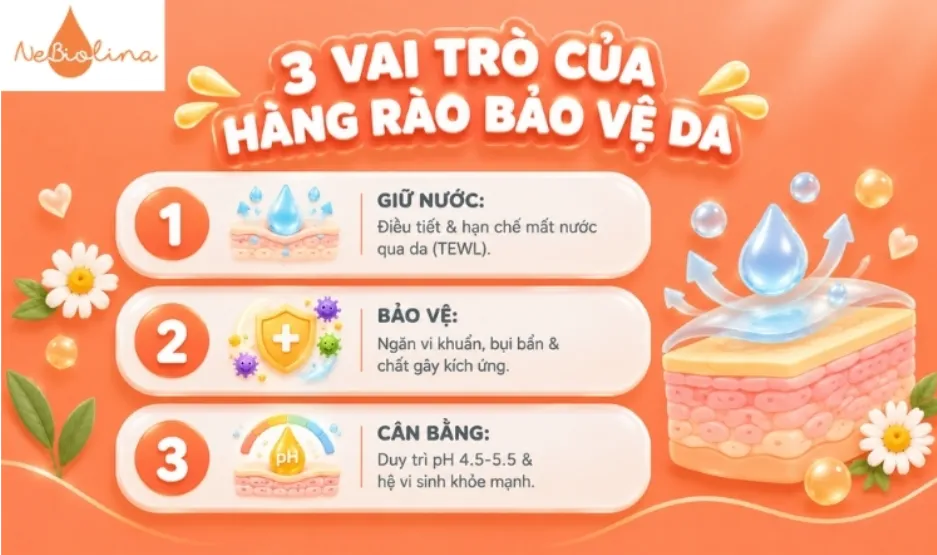 Hàng rào bảo vệ da có vai trò giữ nước, bảo vệ và cân bằng pH & vi sinh