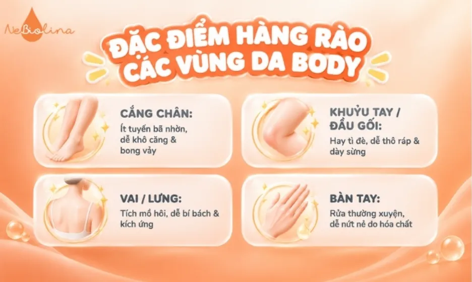 Các vùng da khác nhau trên cơ thể có những đặc điểm riêng