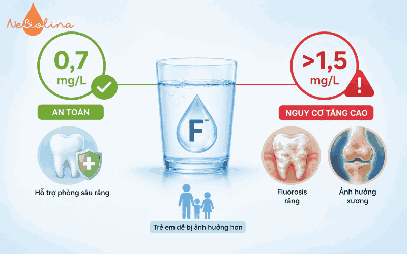 Nồng độ flour vượt quá 1,5mg/L làm tăng nguy cơ nhiễm độc flour