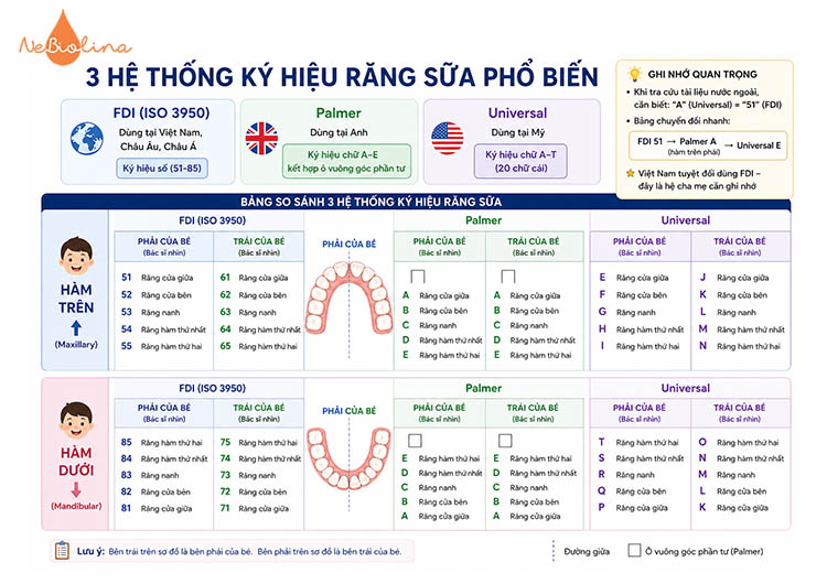 So sánh 3 hệ thống ký hiệu răng sữa phổ biến