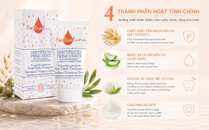 4 thành phần dưỡng chất trong kem đánh răng nuốt được NeBiolina