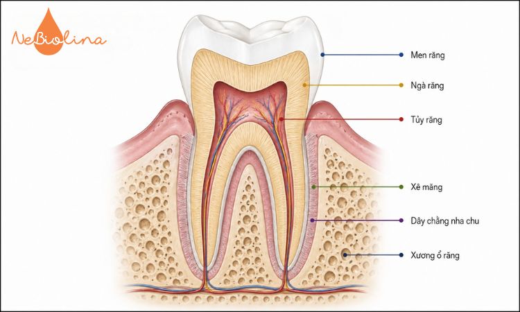 Sơ đồ thiết diện dọc của một chiếc răng sữa. 