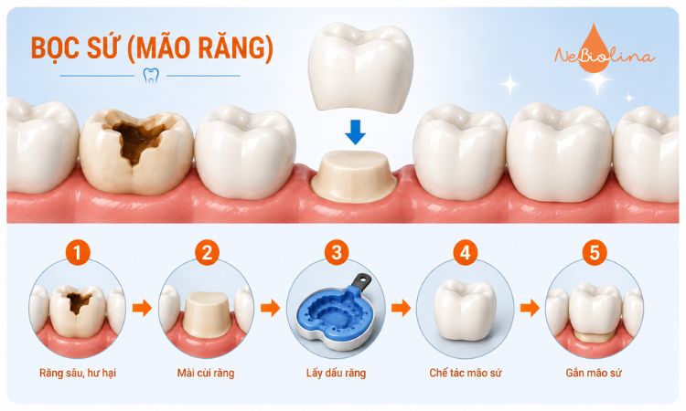 Bọc sứ bảo vệ răng sâu nặng và phục hồi thẩm mỹ 