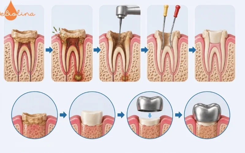 Răng sún nặng co thể điều trị lấy tủy và bọc thép để bảo tồn răng sữa