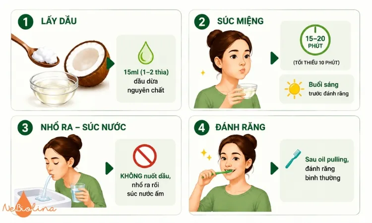 Thực hiện đủ 4 bước Oil Pulling dầu dừa trị viêm nướu.