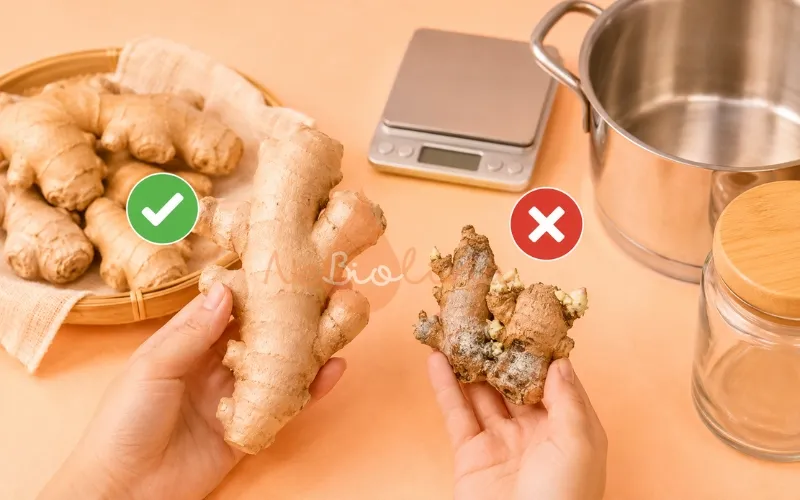 Chọn gừng già vừa phải, tránh gừng đã mọc mầm, có dấu hiệu ẩm mốc