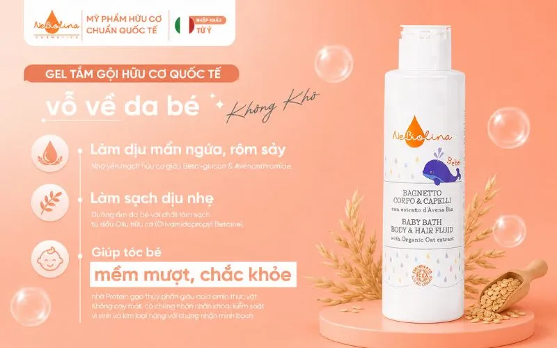 Dung dịch tắm gội 2 in 1 NeBiolina giúp làm sạch nhẹ nhàng, không gây khô da