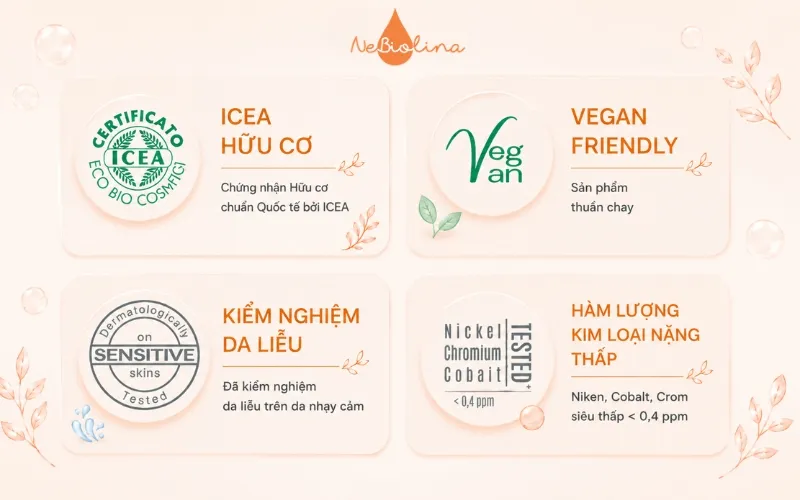 4 logo chứng nhận được in trên bao bì tất cả sản phẩm của NeBiolina