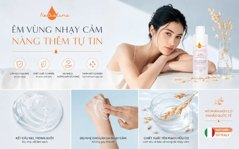 Dung dịch vệ sinh phụ nữ organic NeBiolina có kết cấu gel lỏng, trong suốt