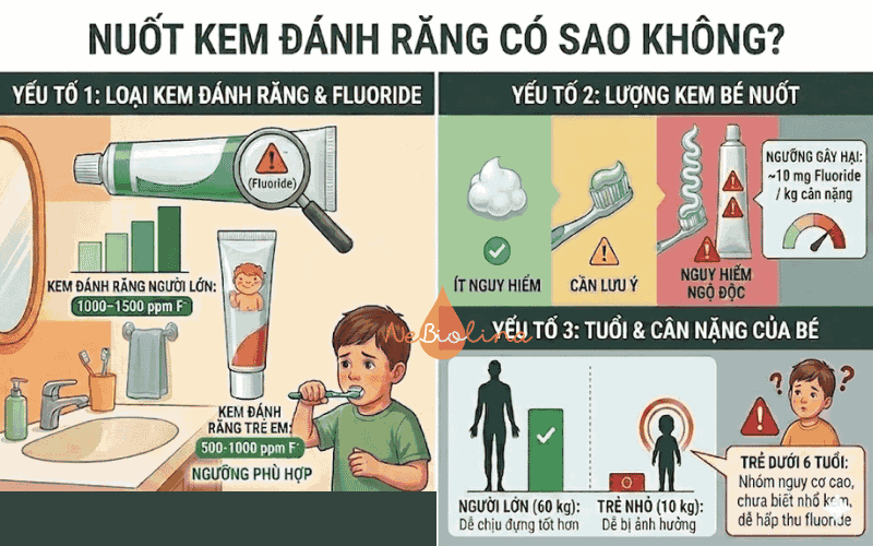 Nuốt kem đánh răng gây nguy hiểm khi có 1 trong 3 yếu tố trên
