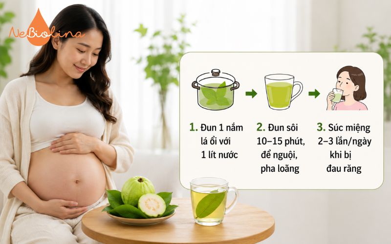 Mẹ bầu có thể súc miệng với nước lá ổi loãng để hỗ trợ giảm đau do sâu răng