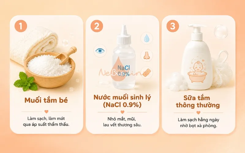 Phân biệt muối tắm cho bé và nước muối sinh lý