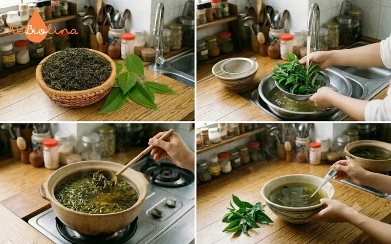 Cần làm sạch lá trước khi chế biến nước tắm bé 